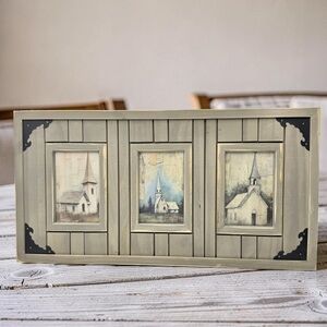 Rustic Framed Old Country Church Wall Art Triptych Farmhouse Distressed Wood